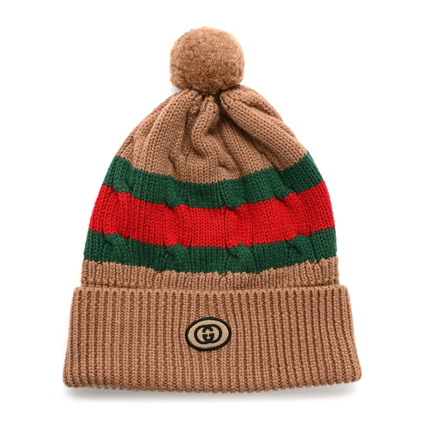Wool Web Cable Knit Beanie Hat Camel