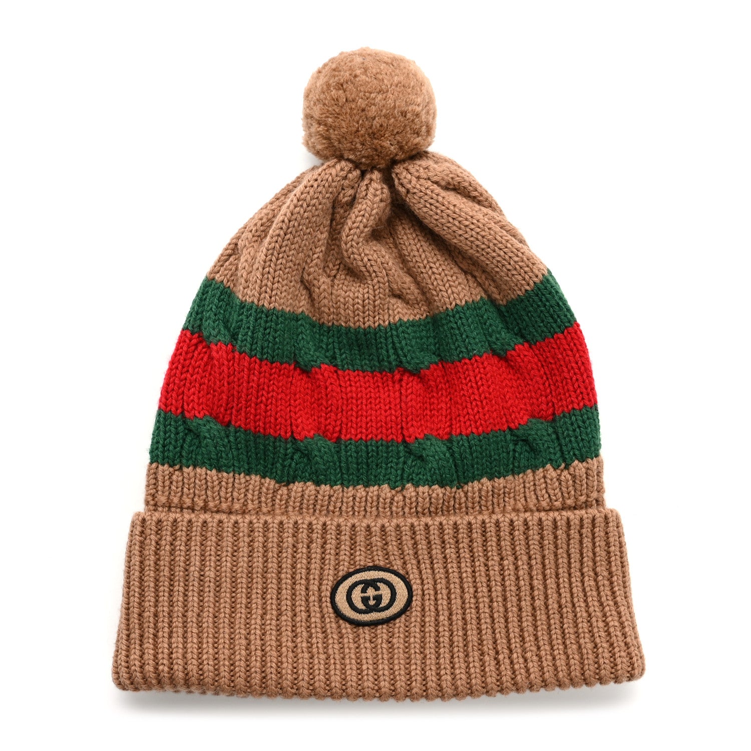 Gucci Wool Web Cable Knit Beanie Hat Camel 1 of 5