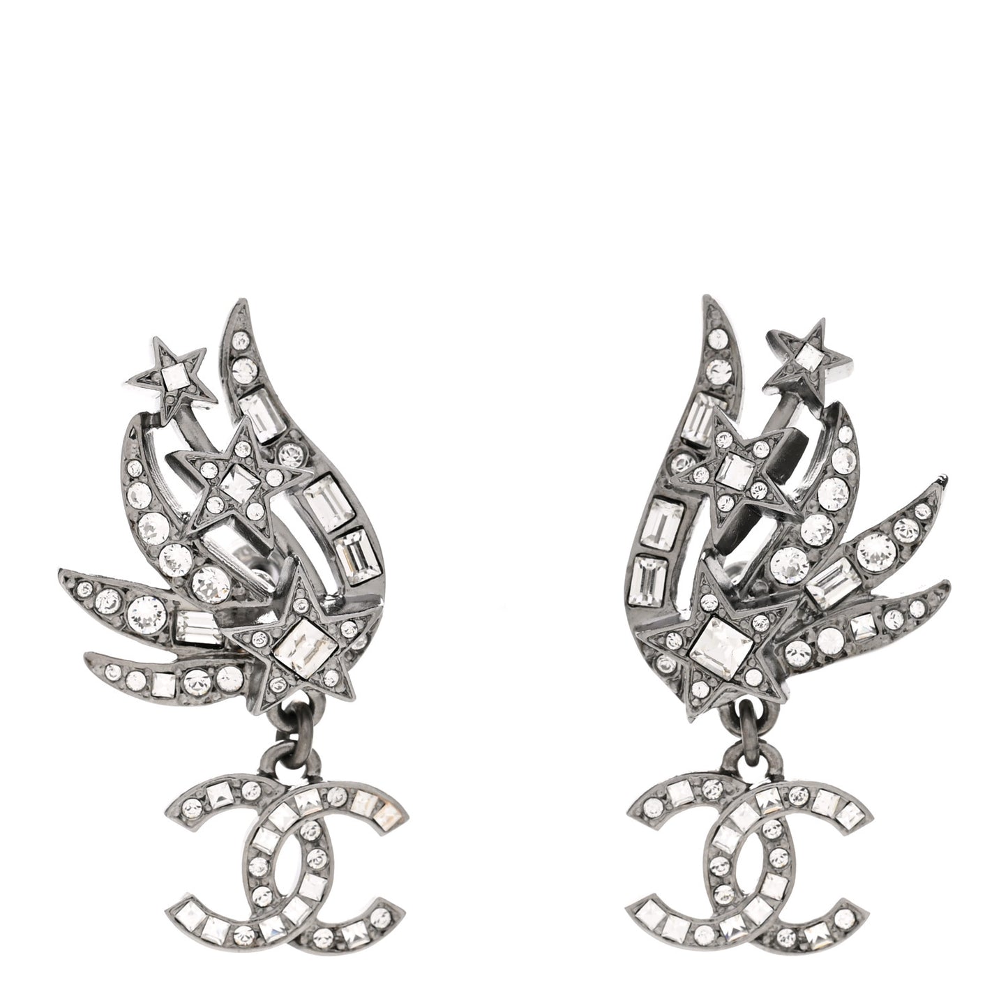 Crystal Baguette CC Wing Star Earrings Silver