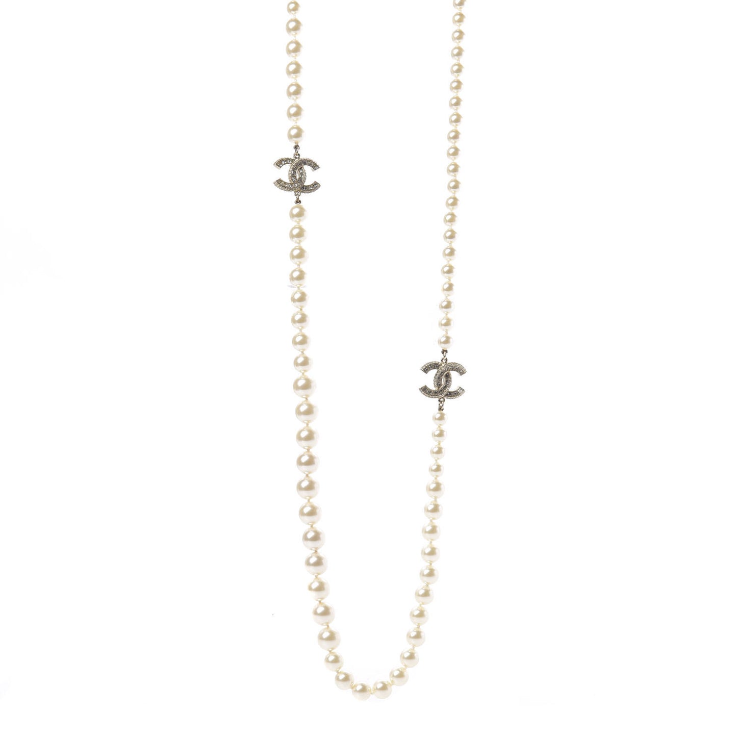 Pearl Baguette Crystal Long CC Necklace Gold