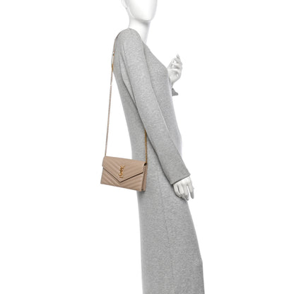 Saint Laurent Grain De Poudre Matelasse Chevron Monogram Envelope Chain Wallet Dark Beige 2 of 12