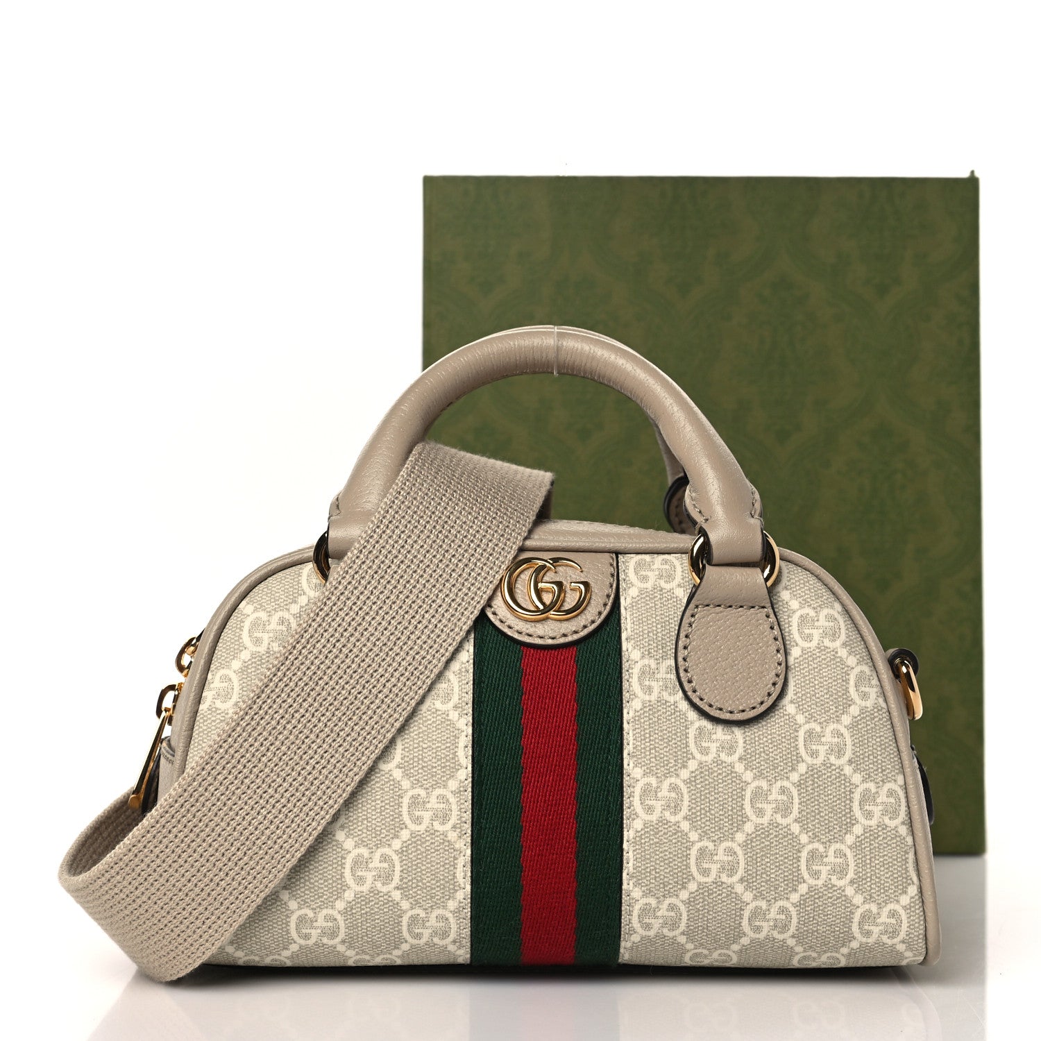 Gucci GG Supreme Monogram Textured Dollar Calfskin Web Mini Ophidia Top Handle Bowler Bag Beige Mystic White Oatmeal 9 of 9