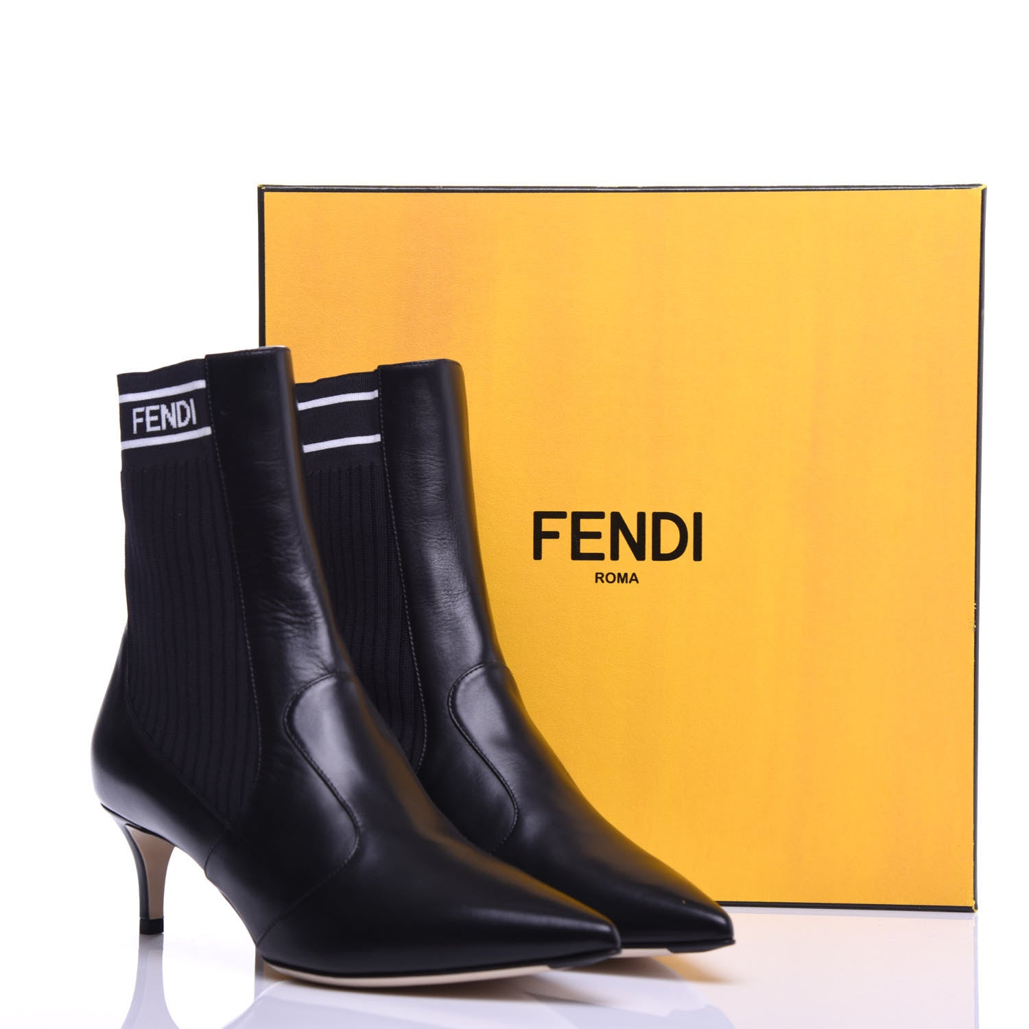 Fendi Vitellino Stretch Fabric Logo Rockoko Low Heel Sock Boots 38.5 Black White 7 of 7