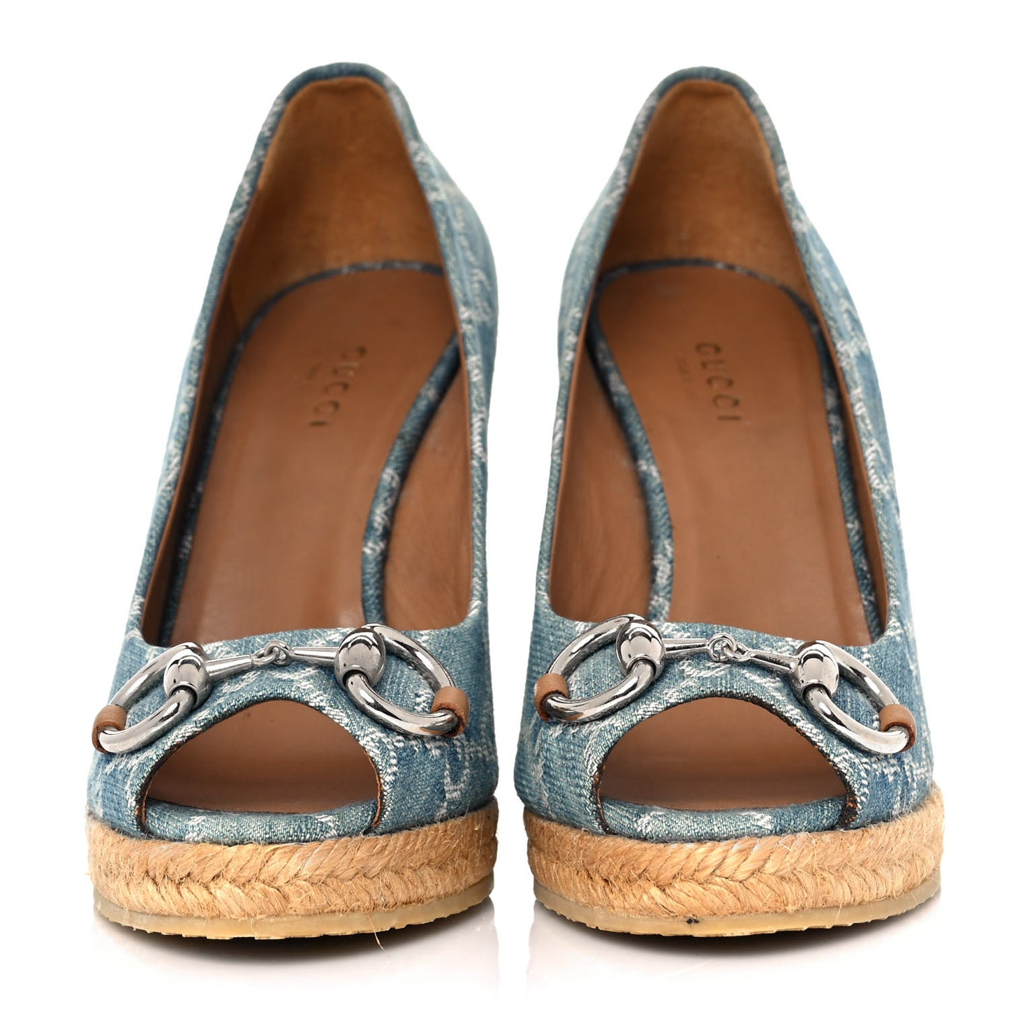 Denim Monogram Horsebit Open Toe Espadrille Wedges 35 Blue