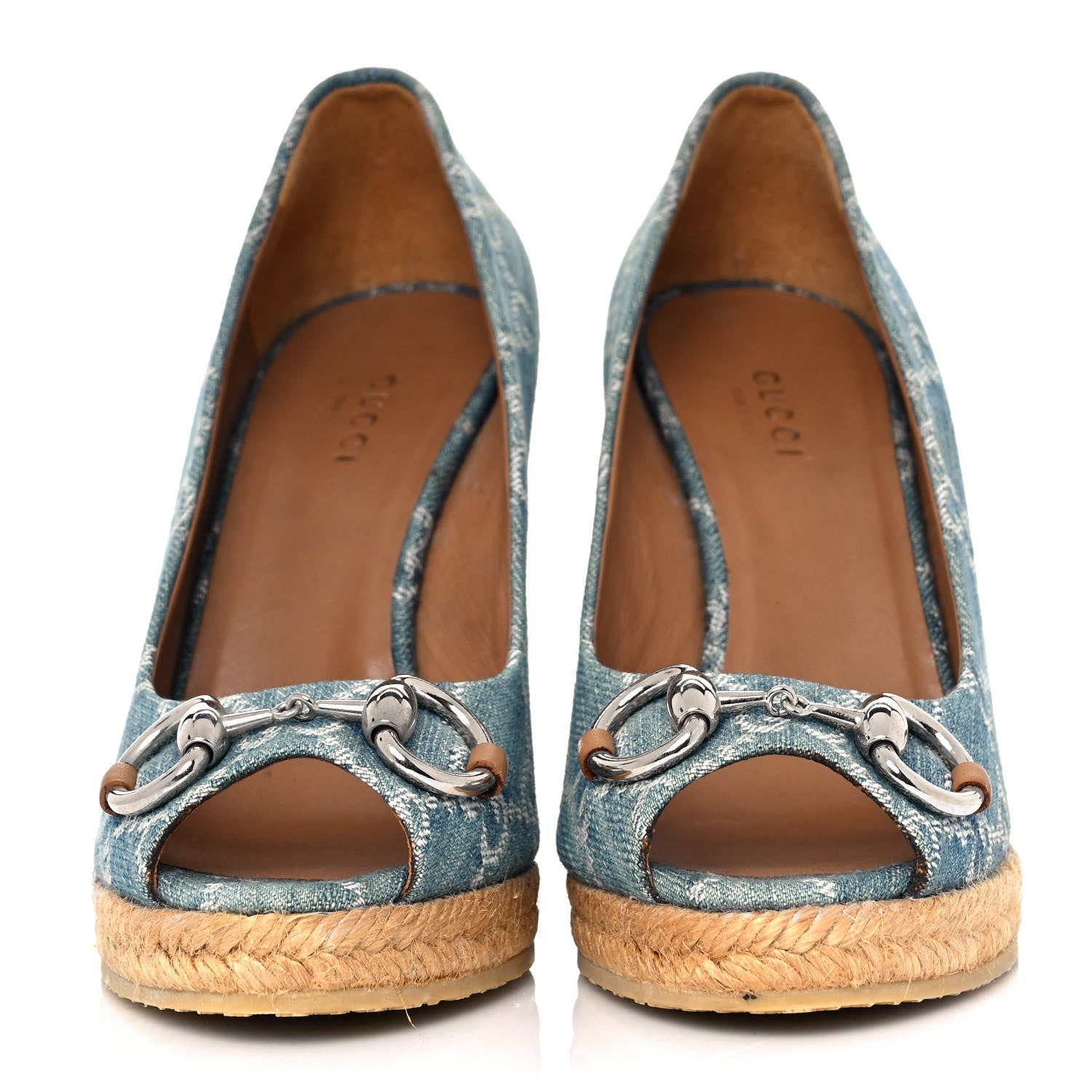 Gucci Denim Monogram Horsebit Open Toe Espadrille Wedges 35 Blue 2 of 9