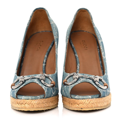 Gucci Denim Monogram Horsebit Open Toe Espadrille Wedges 35 Blue 2 of 9
