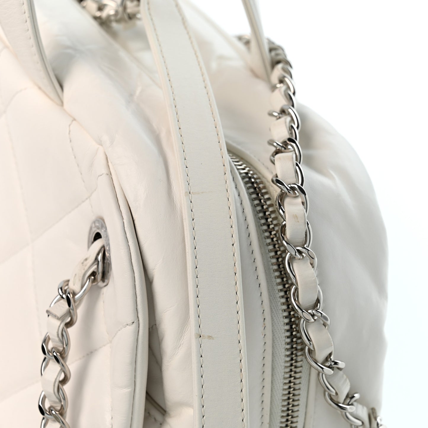 Aged Calfskin Quilted Small Express Bowling Bag White