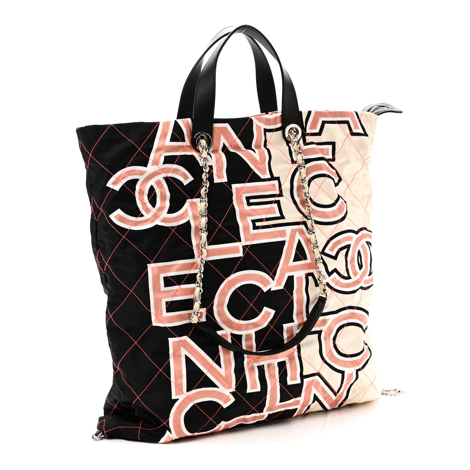 Chanel Nylon Stitched Printed Logo Shopping Bag Black White 3 of 10