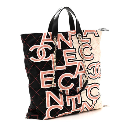 Chanel Nylon Stitched Printed Logo Shopping Bag Black White 3 of 10