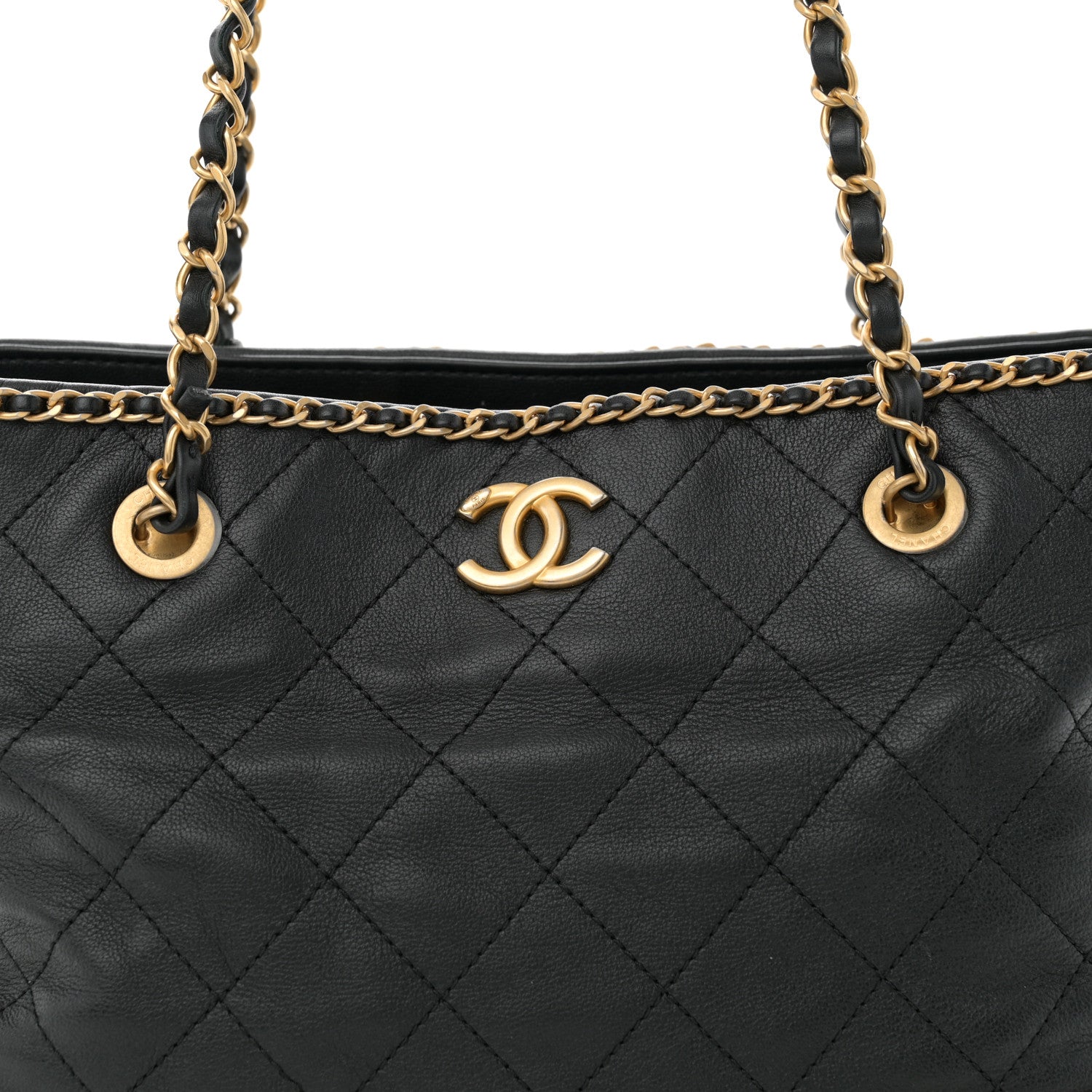 Chanel Calfskin Quilted Chain Lines Shopping Tote Black 8 of 12