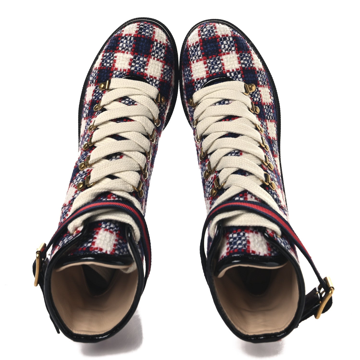 Gucci Vintage Tweed Check Lace Up Combat Ankle Boots 41 White Hibiscus Red Marine 5 of 10