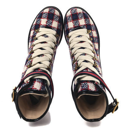 Gucci Vintage Tweed Check Lace Up Combat Ankle Boots 41 White Hibiscus Red Marine 5 of 10