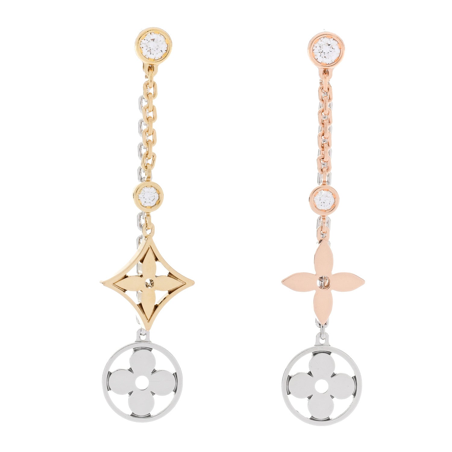 Louis Vuitton 18K Yellow White Pink Gold Diamond Blossom Long Drop Earrings 1 of 5