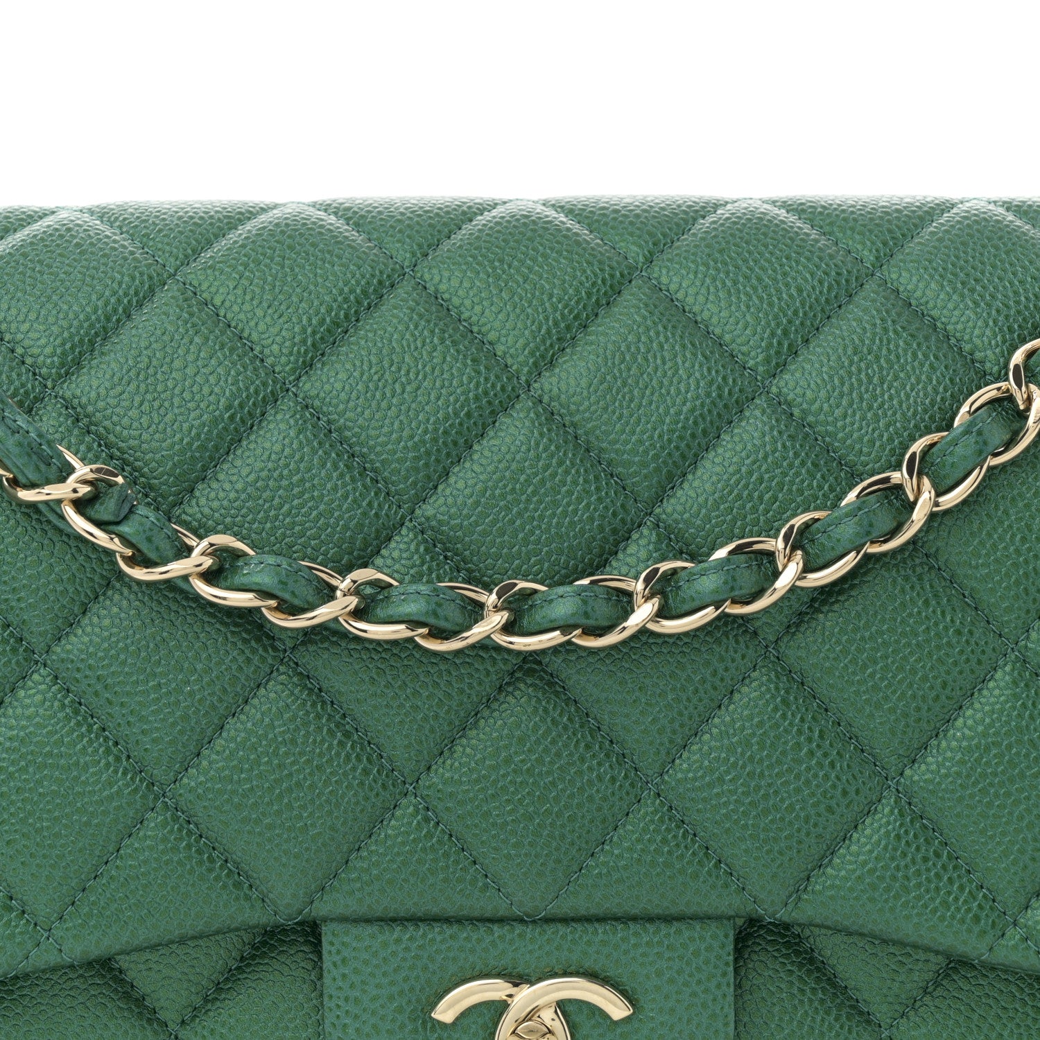 Chanel Metallic Caviar Quilted Jumbo Double Flap Green 1766856