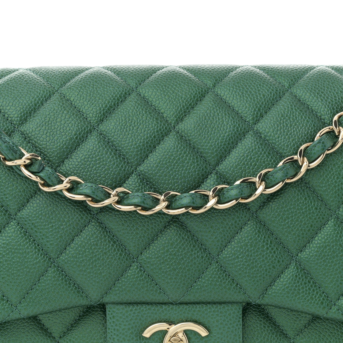 Metallic Caviar Quilted Jumbo Double Flap Green