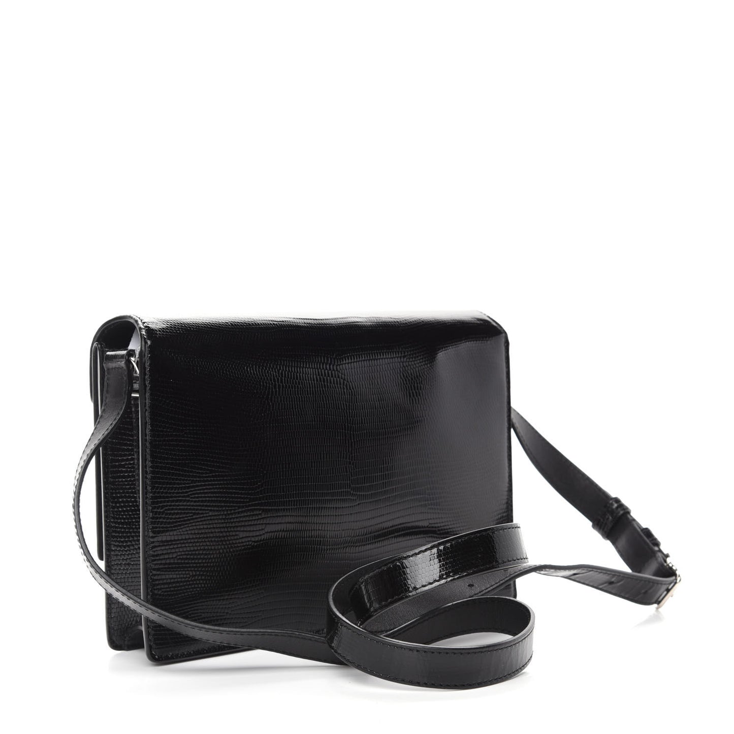 Patent Calfskin Lizard Embossed Medium Margaux Shoulder Bag Black