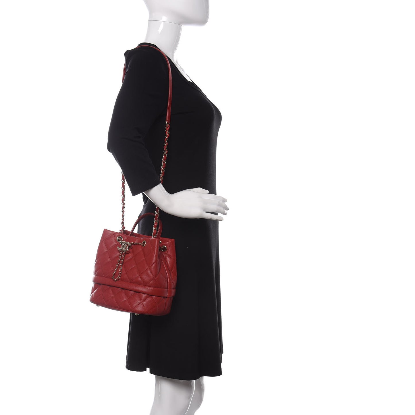 Caviar Quilted Rolled Up Bucket Drawstring Bag Red