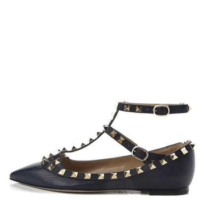 Valentino Garavani Pebbled Calfskin Rockstud Cage Ballerina Flats 35 Marine 1 of 10