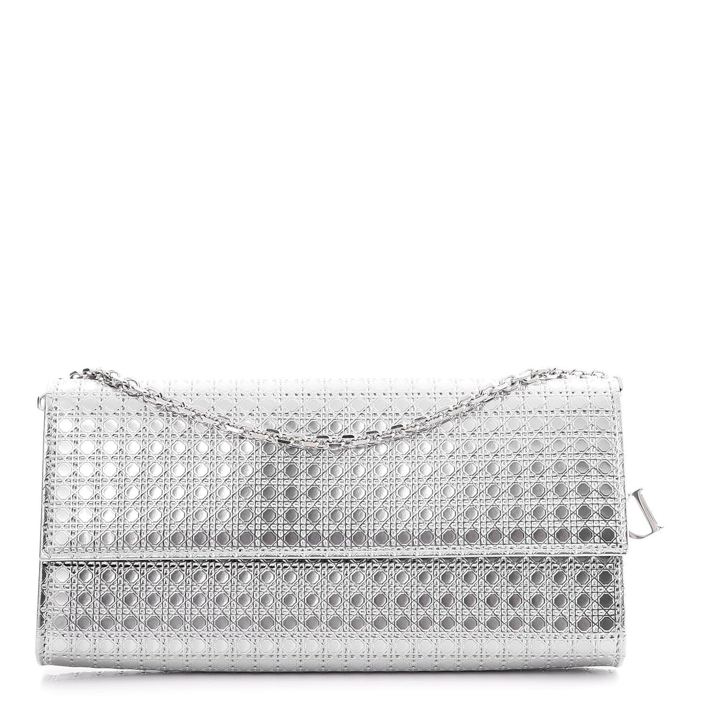 Metallic Patent Micro-Cannage Lady Dior Croisiere Chain Wallet Silver