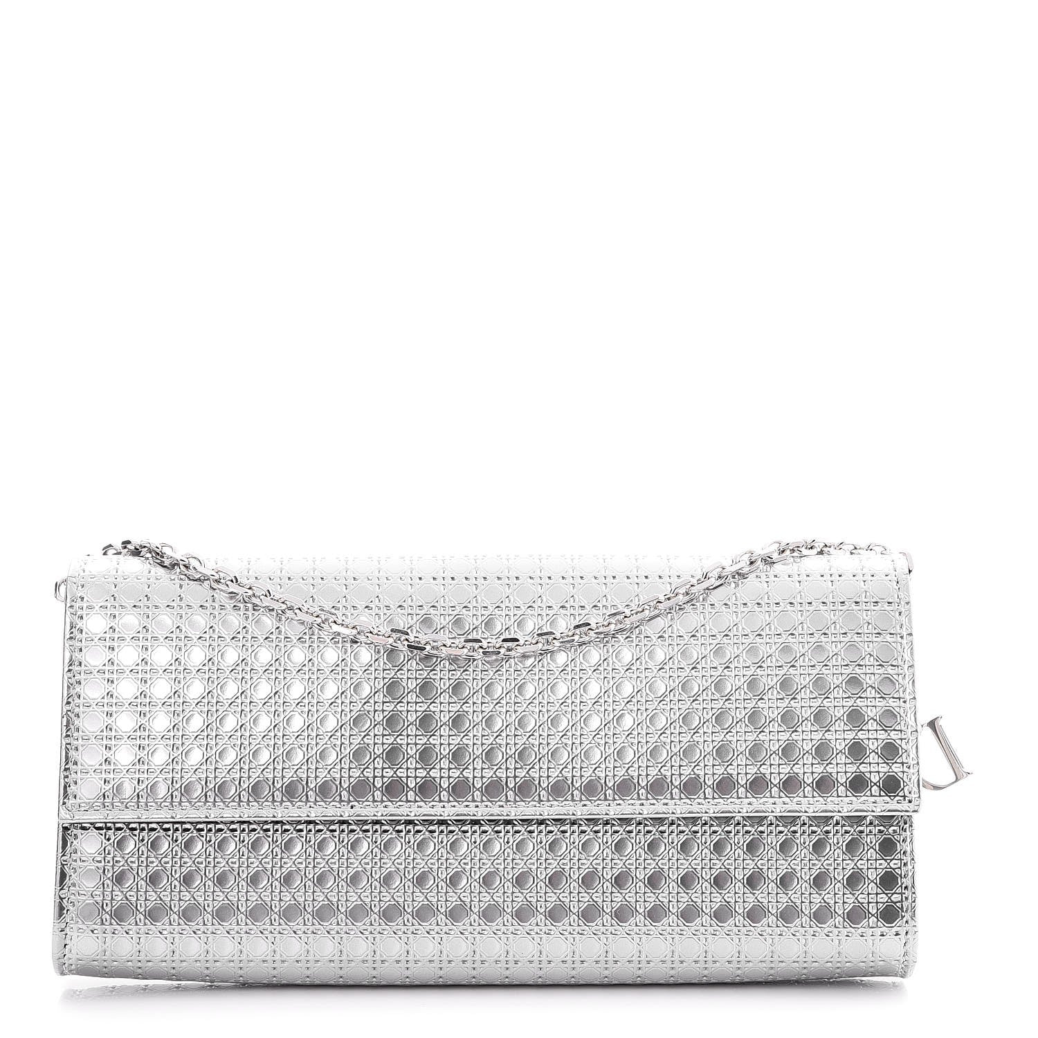 Christian Dior Metallic Patent Micro-Cannage Lady Dior Croisiere Chain Wallet Silver 1 of 7