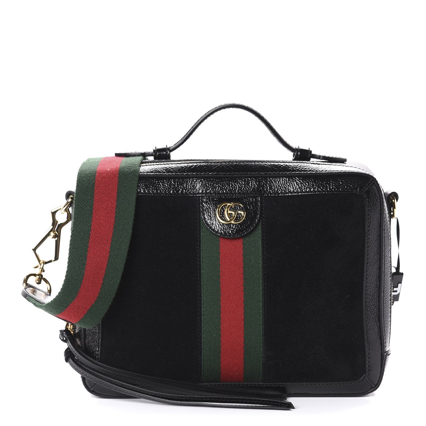 Suede Patent Web Small Ophidia Top Handle Shoulder Bag Black