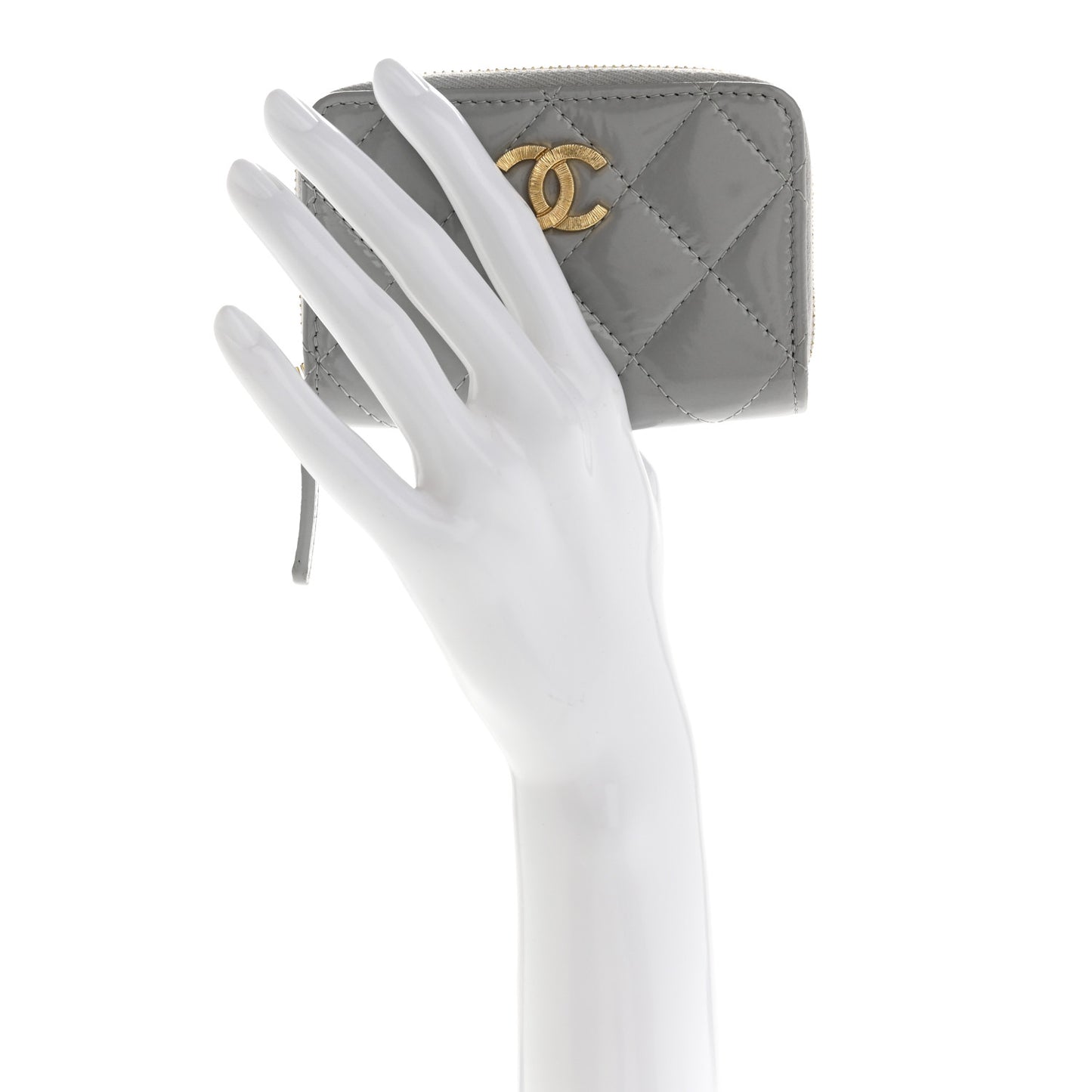 Shiny Lambskin Quilted Textured CC Zip Coin Purse Gris