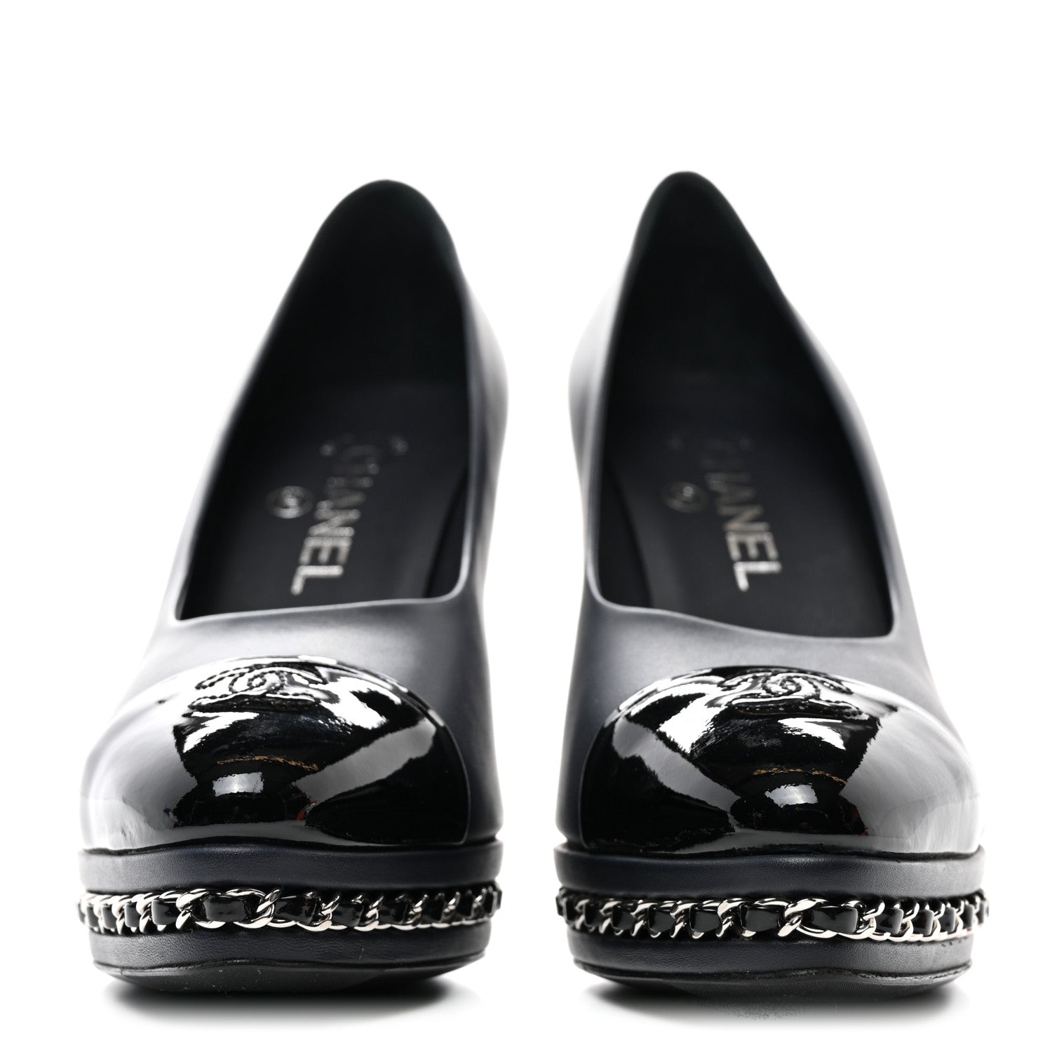 Chanel Calfskin Patent CC Cap Toe Platform Chain Pumps 37.5 Navy Black 2 of 10