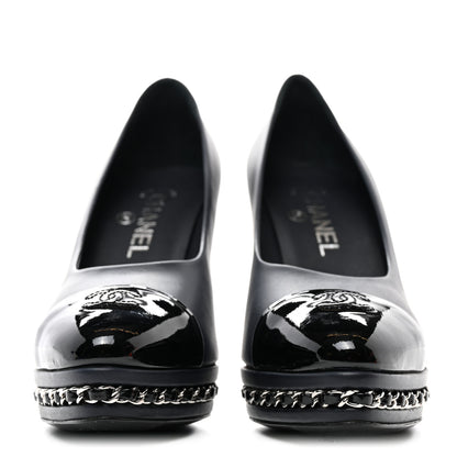 Chanel Calfskin Patent CC Cap Toe Platform Chain Pumps 37.5 Navy Black 2 of 10