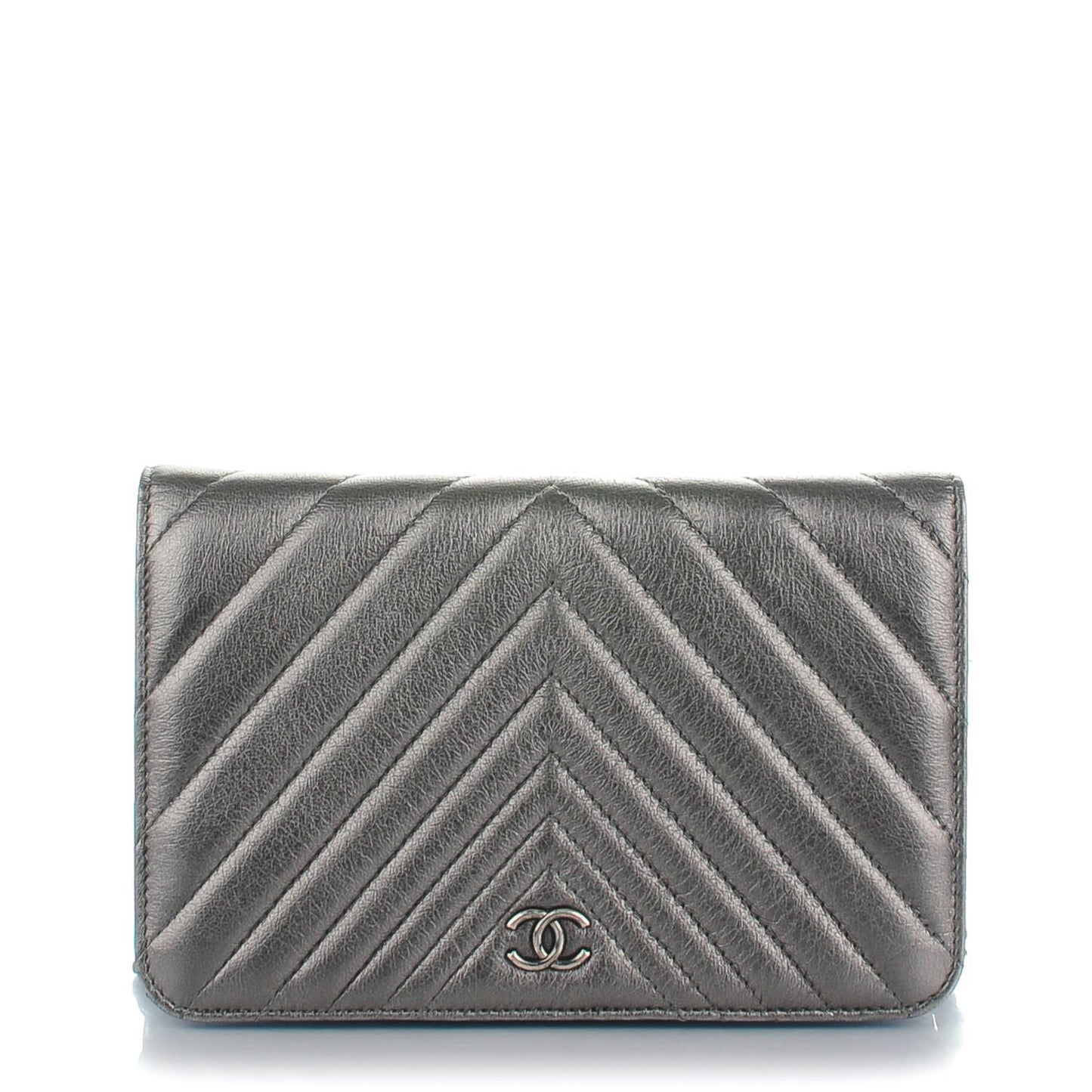 Metallic Calfskin Chevron Quilted Wallet On Chain WOC Dark Silver