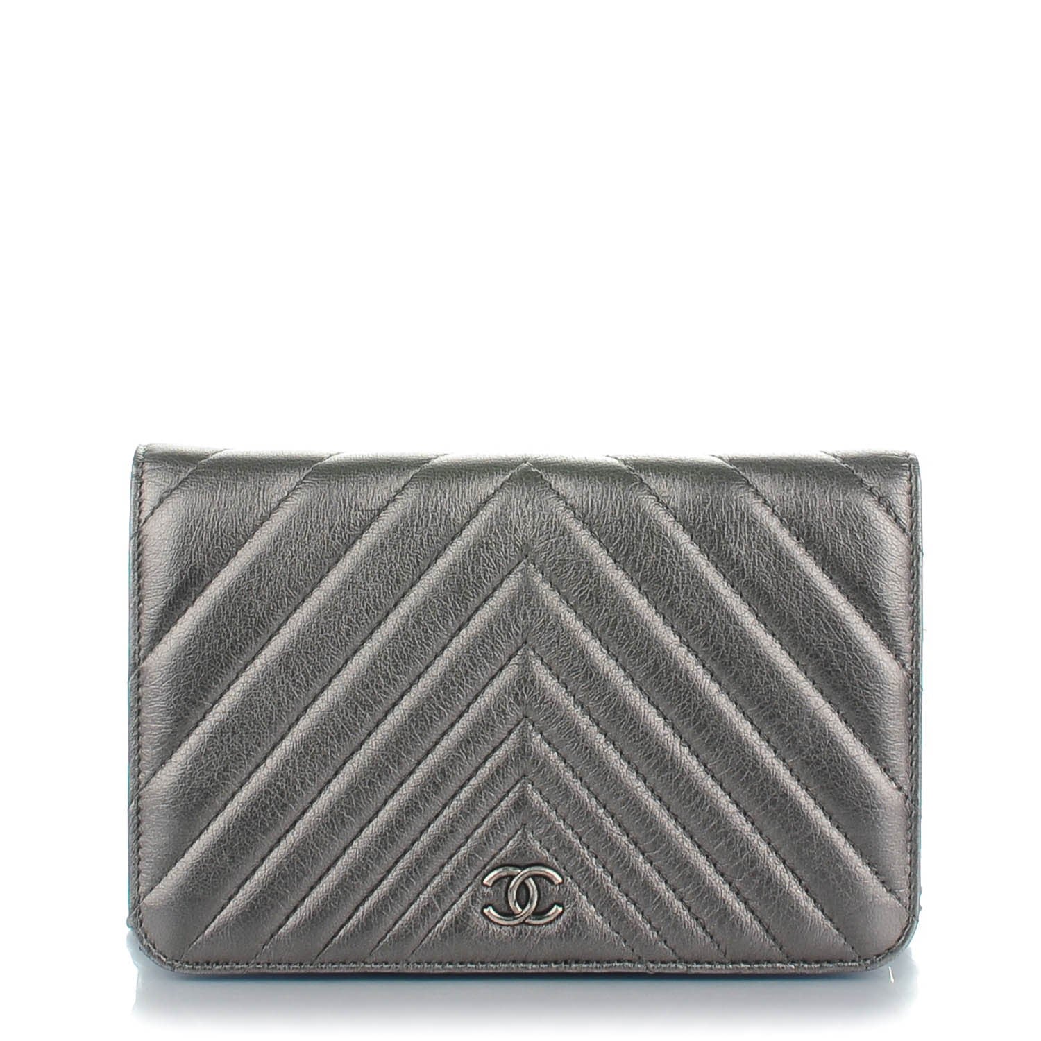 Chanel Metallic Calfskin Chevron Quilted Wallet On Chain WOC Dark Silver 1 of 8