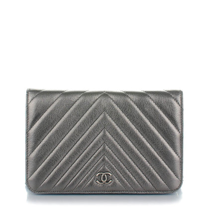 Chanel Metallic Calfskin Chevron Quilted Wallet On Chain WOC Dark Silver 1 of 8