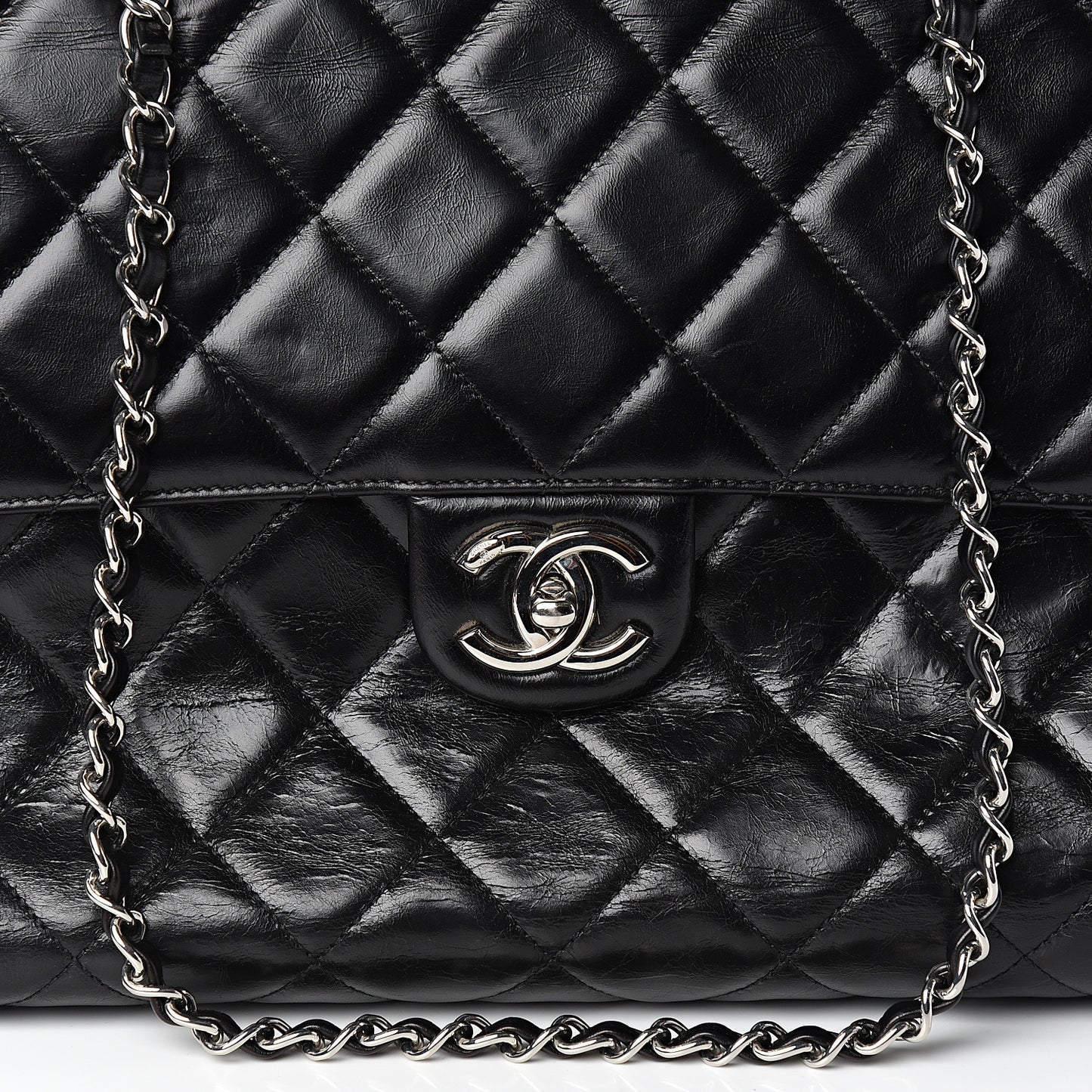Glazed Calfskin Quilted Large CC Delivery Tote Black