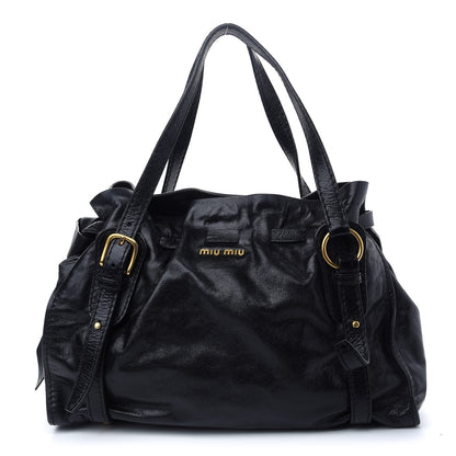 Miu Miu Vitello Drawstring Bow Satchel Black 1 of 9