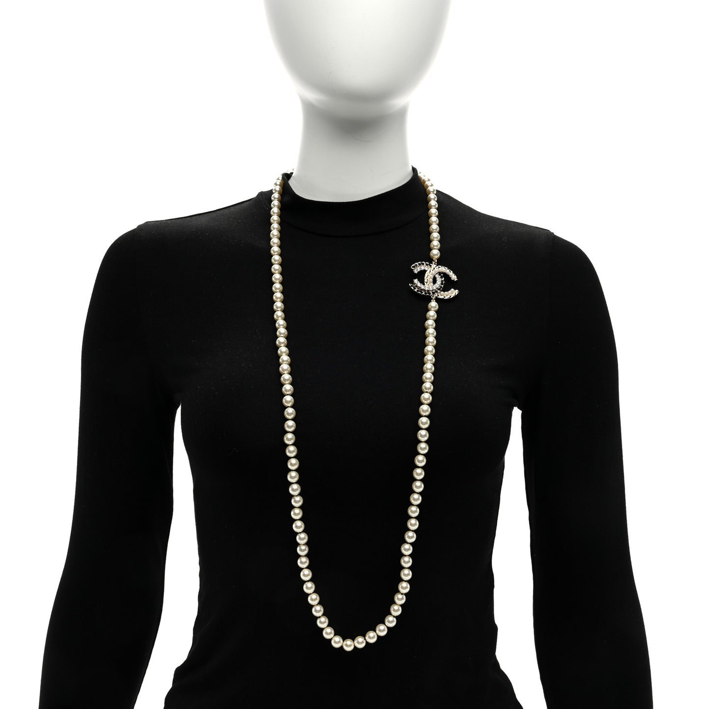 Pearl Crystal Lambskin CC Long Necklace Gold Black