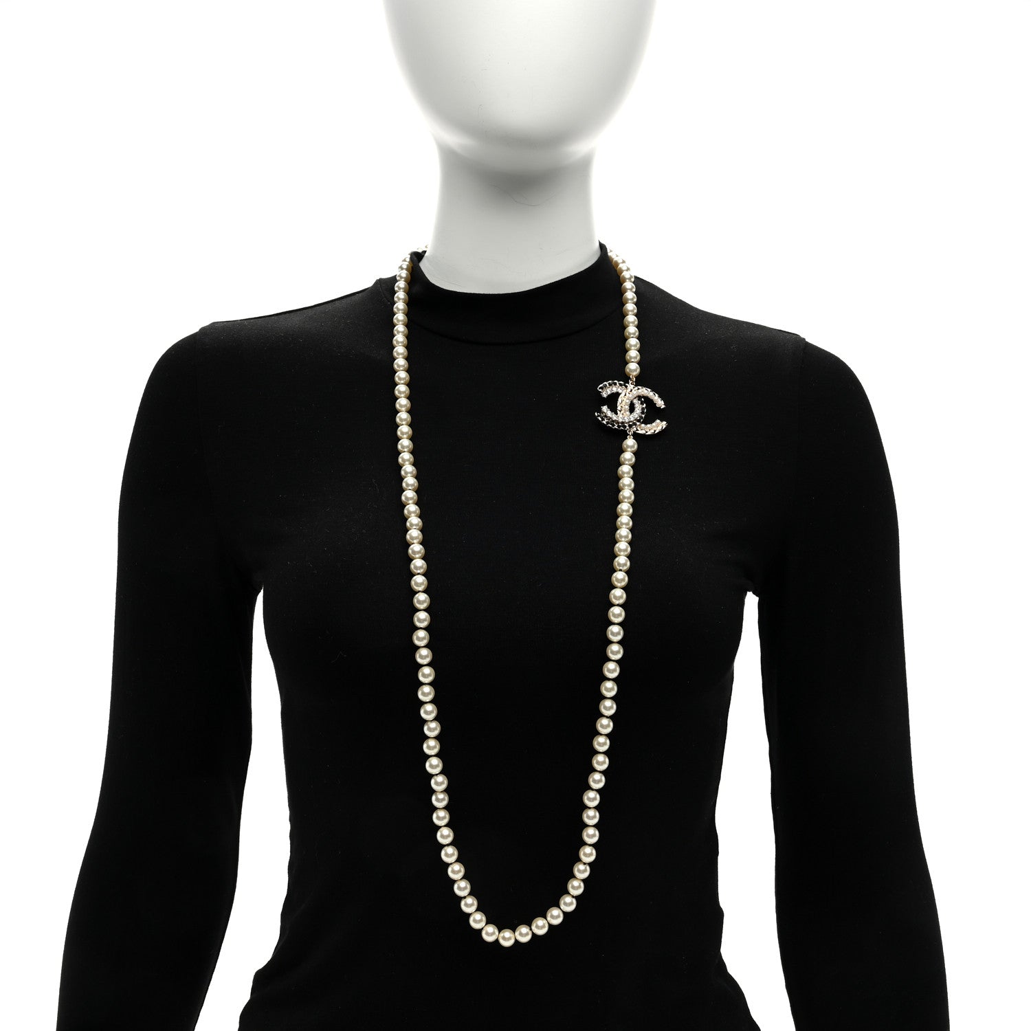 Chanel Pearl Crystal Lambskin CC Long Necklace Gold Black 3 of 4