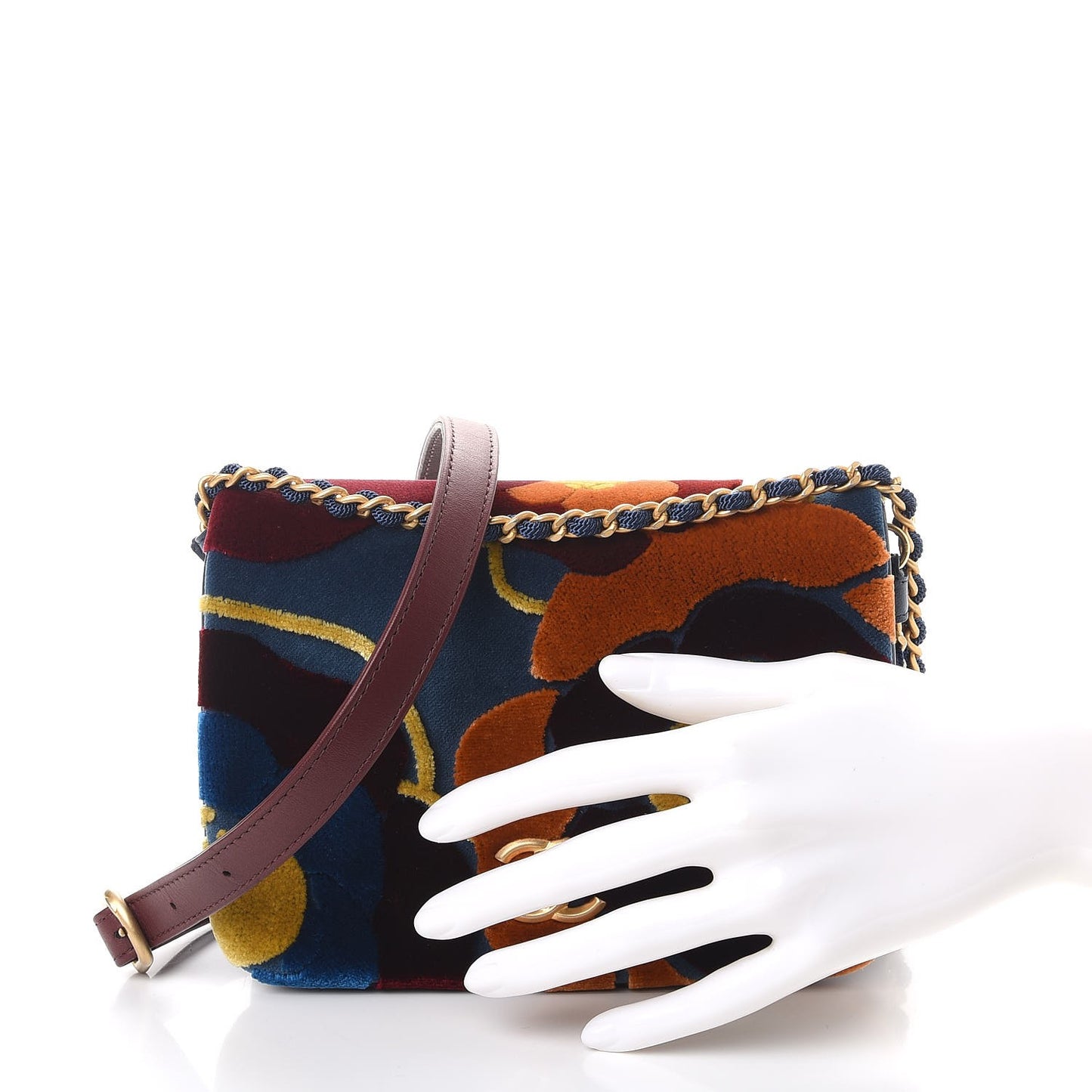 Velvet Lambskin Embroidered Camellia Mini Flap Navy Burgundy