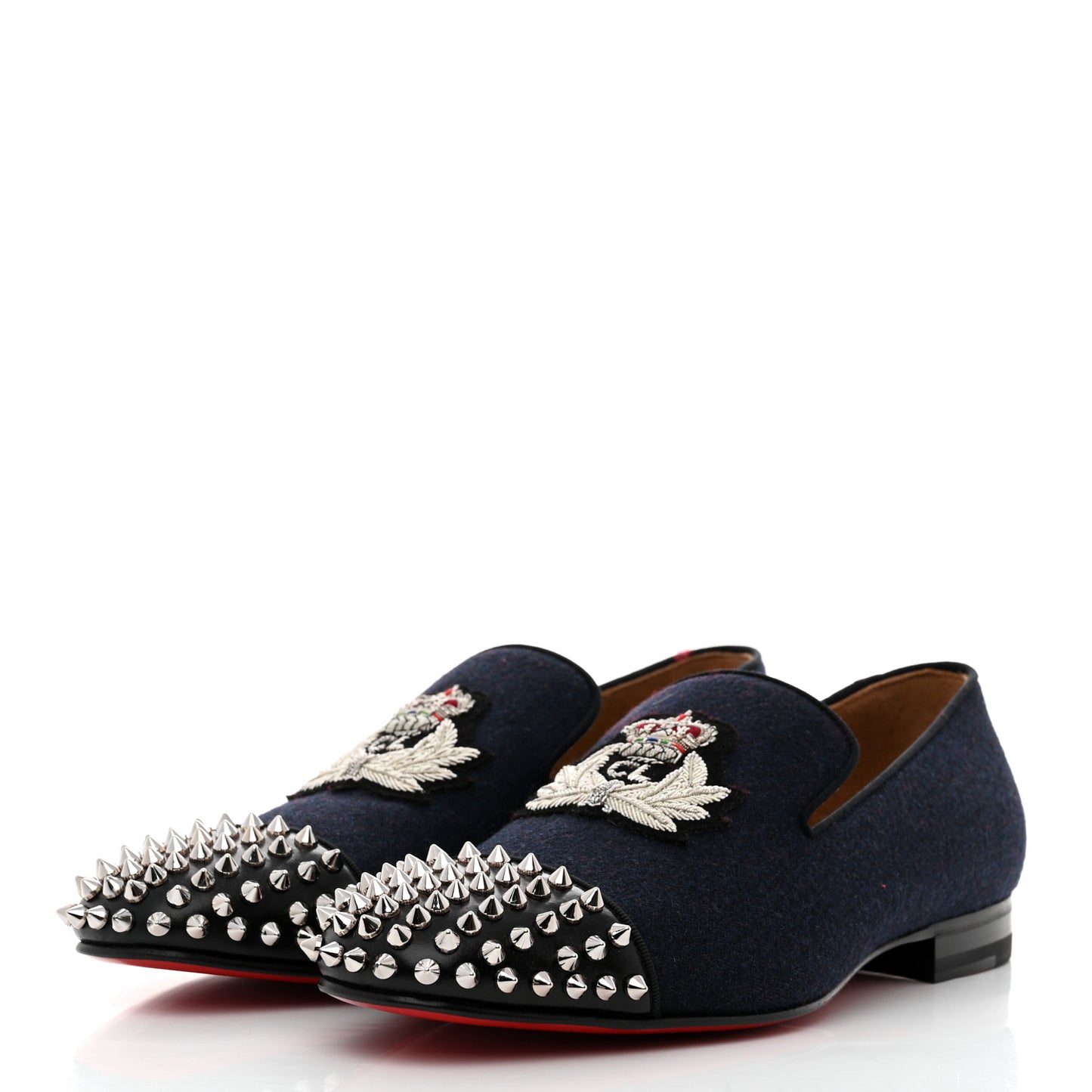 Calfskin Velvet Spikes Mens Captain Loubi Flat Loafers 41 Navy Black