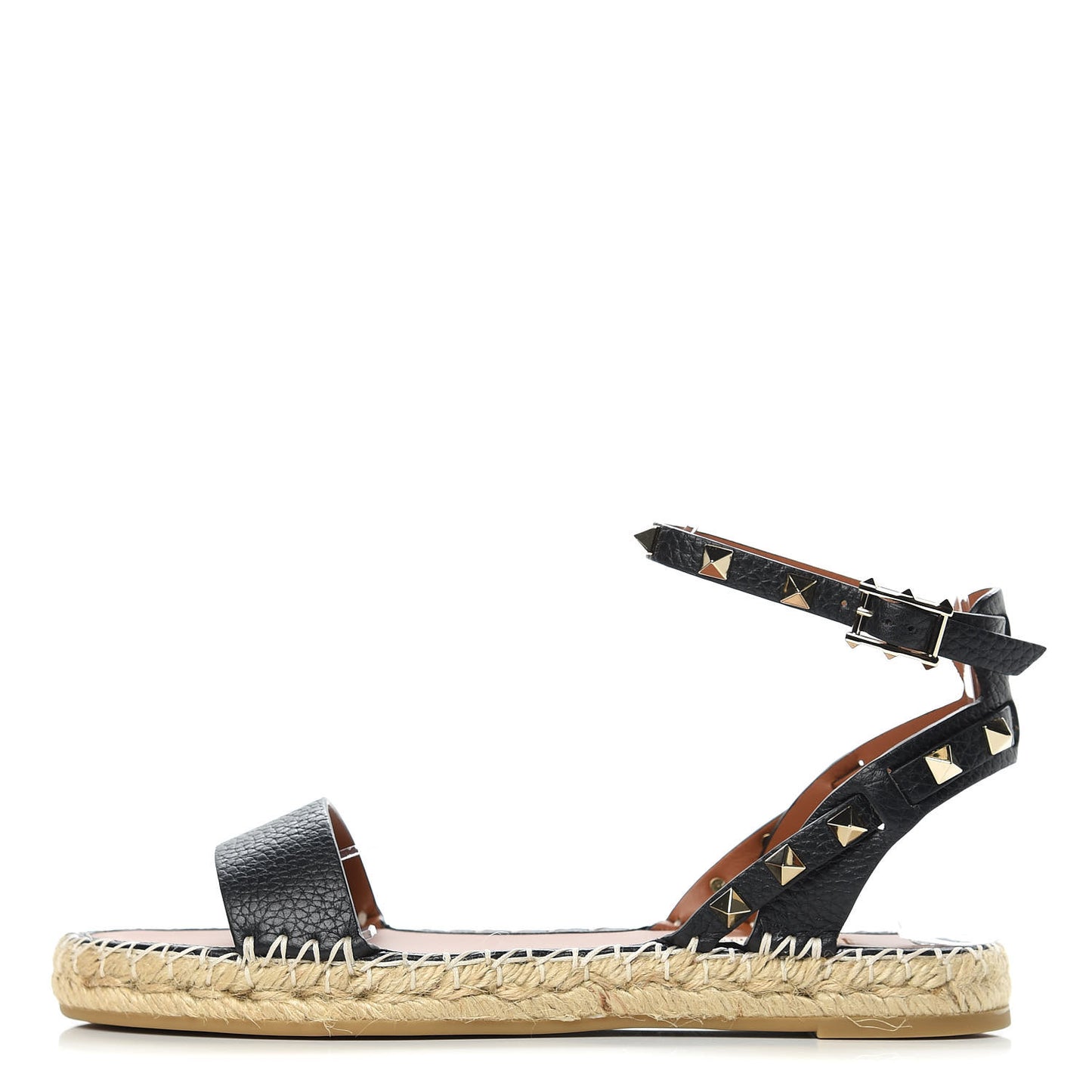 Grained Calfskin Rockstud Ankle Strap Espadrille Flat Sandals 37 Black