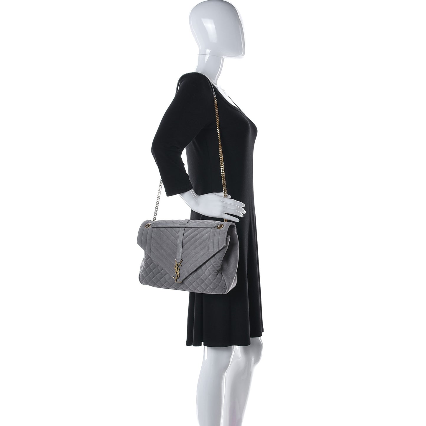 Suede Mixed Matelasse Tri-Quilt Large Monogram Envelope Satchel Grey