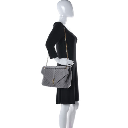 Saint Laurent Suede Mixed Matelasse Tri-Quilt Large Monogram Envelope Satchel Grey 2 of 13