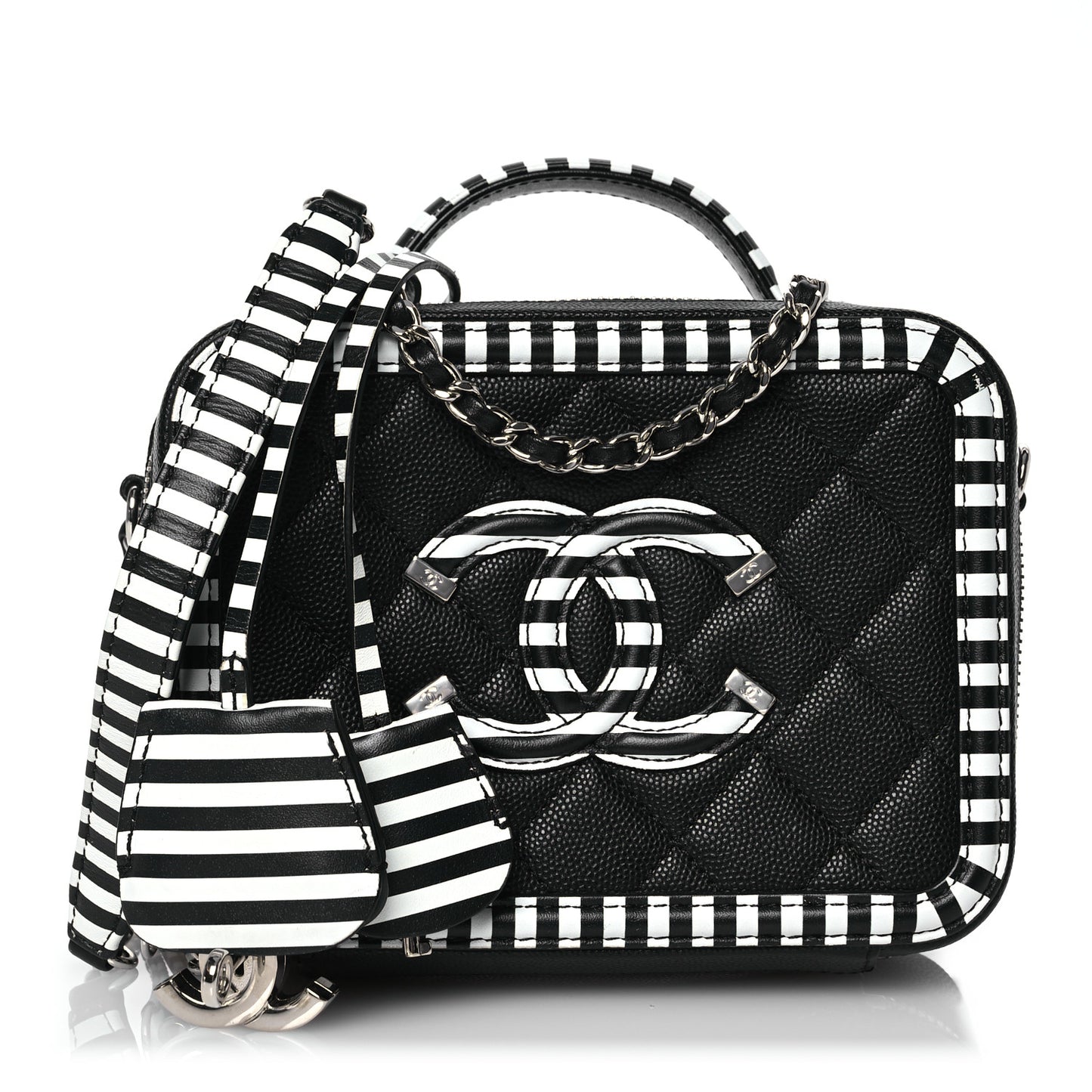 Caviar Quilted Striped Small CC Filigree Vanity Case Black White