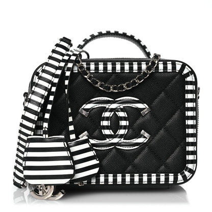 Chanel Caviar Quilted Striped Small CC Filigree Vanity Case Black White 1 of 15