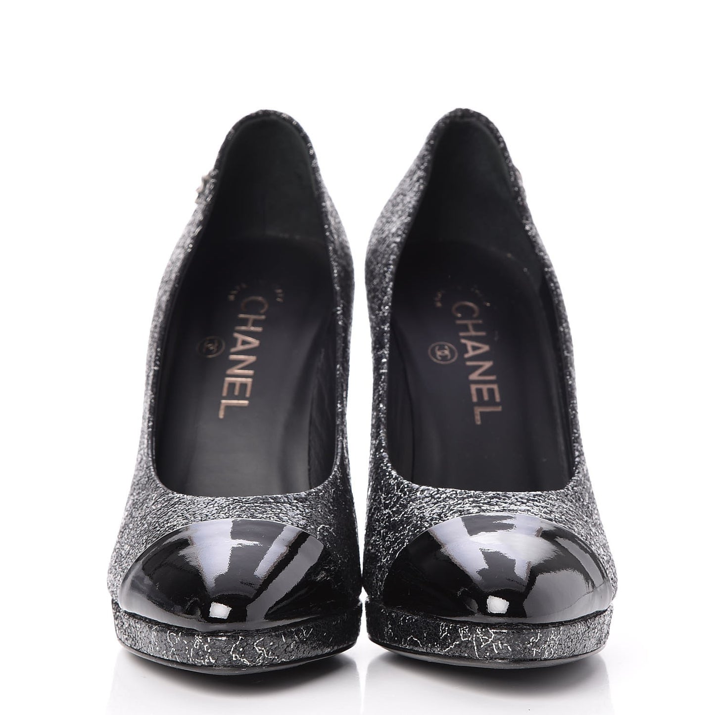 Metallic Crackled Calfskin Patent Cap Toe Pumps 38 Black