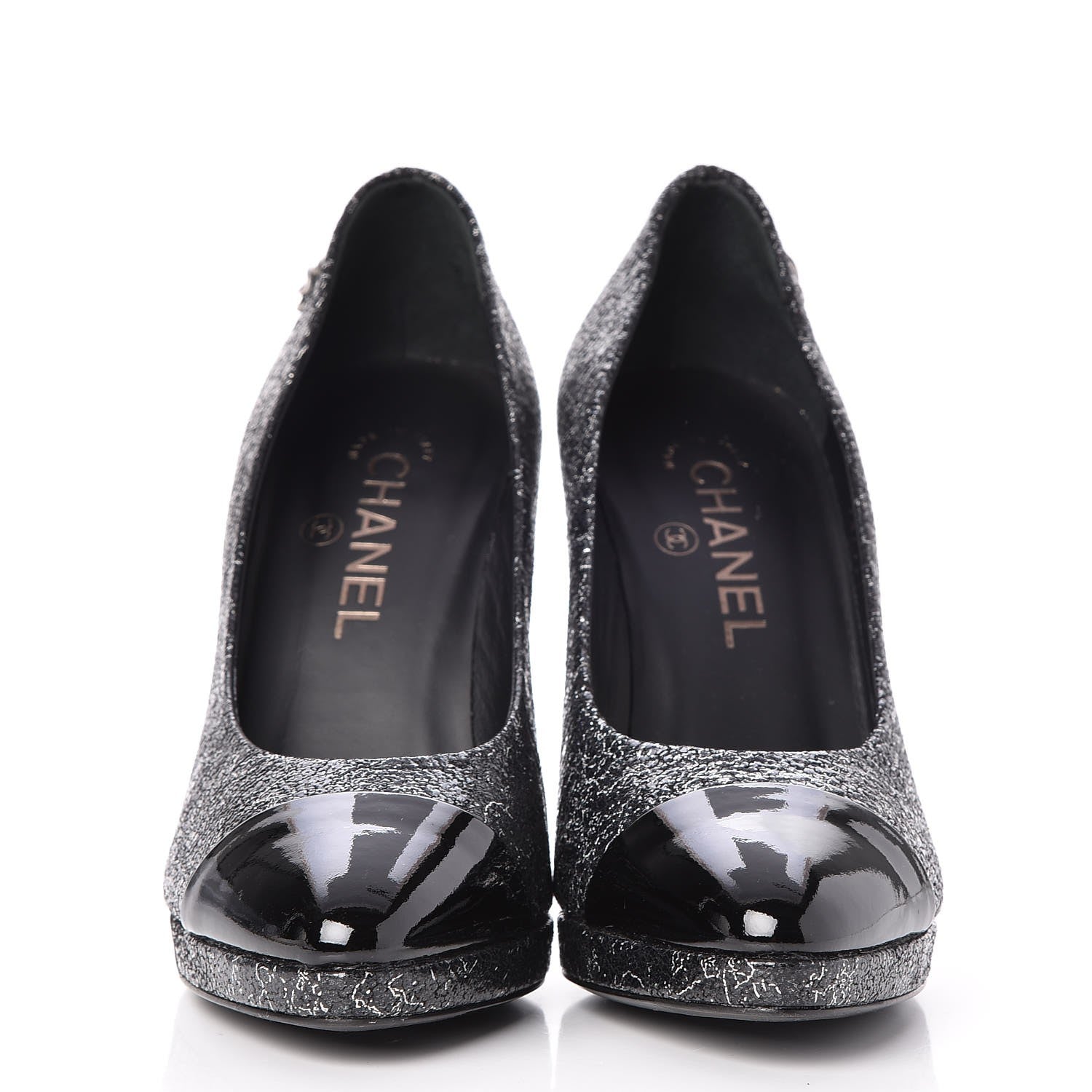 Chanel Metallic Crackled Calfskin Patent Cap Toe Pumps 38 Black 2 of 8