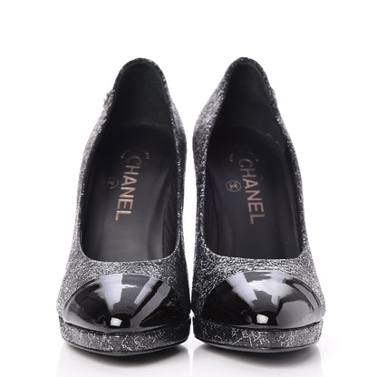 Chanel Metallic Crackled Calfskin Patent Cap Toe Pumps 38 Black 2 of 8