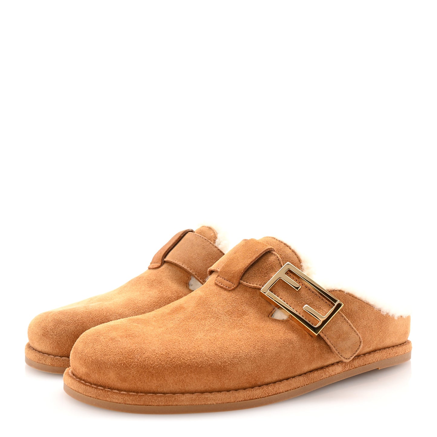 Suede Shearling Fendi Feel Buckled Clogs 36.5 Caramel Latte