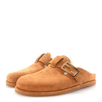 Fendi Suede Shearling Fendi Feel Buckled Clogs 36.5 Caramel Latte 4 of 9