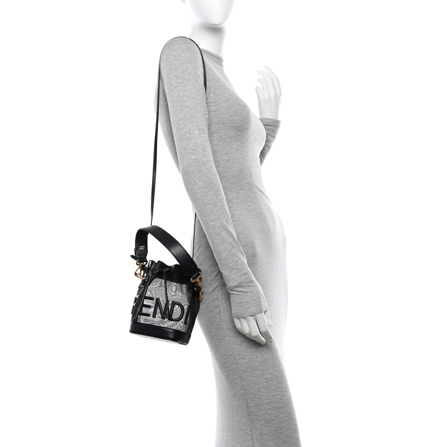 Fendi Mesh Vitello King F is Fendi Logo Embroidered Mini Mon Tresor Bucket Bag Black 3 of 11