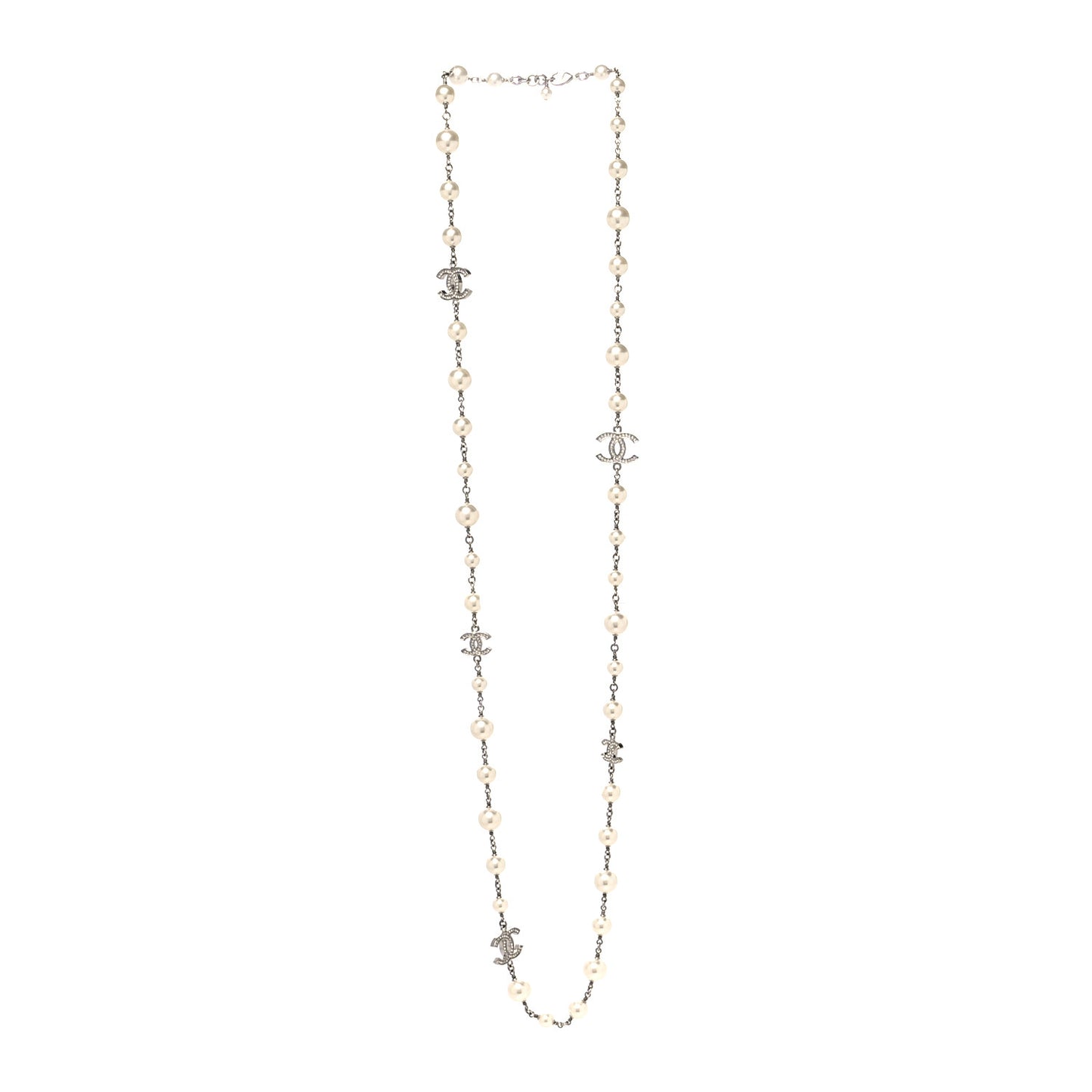 Graduated Pearl Crystal CC Long Necklace Silver