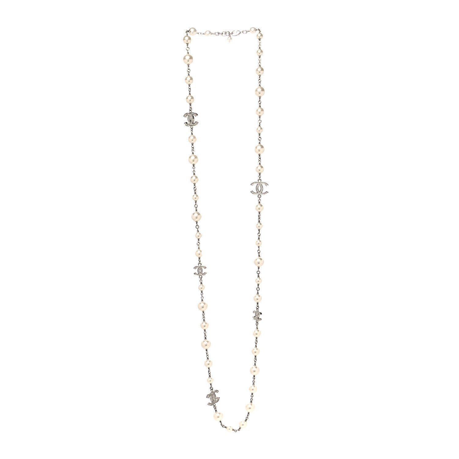 Chanel Graduated Pearl Crystal CC Long Necklace Silver 3 of 5
